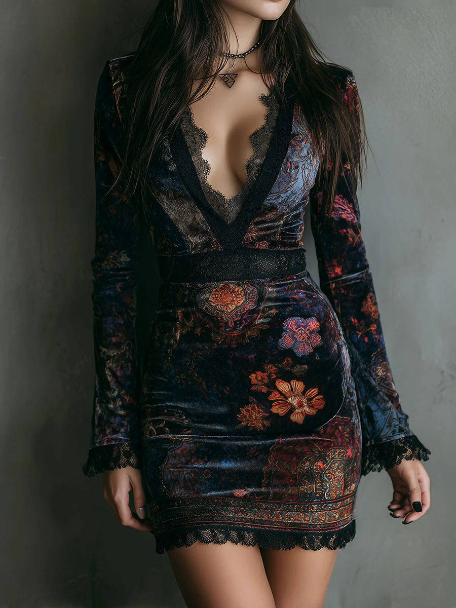 Grazia™ - Vestido Mini de Terciopelo con Estampado Floral y Encaje