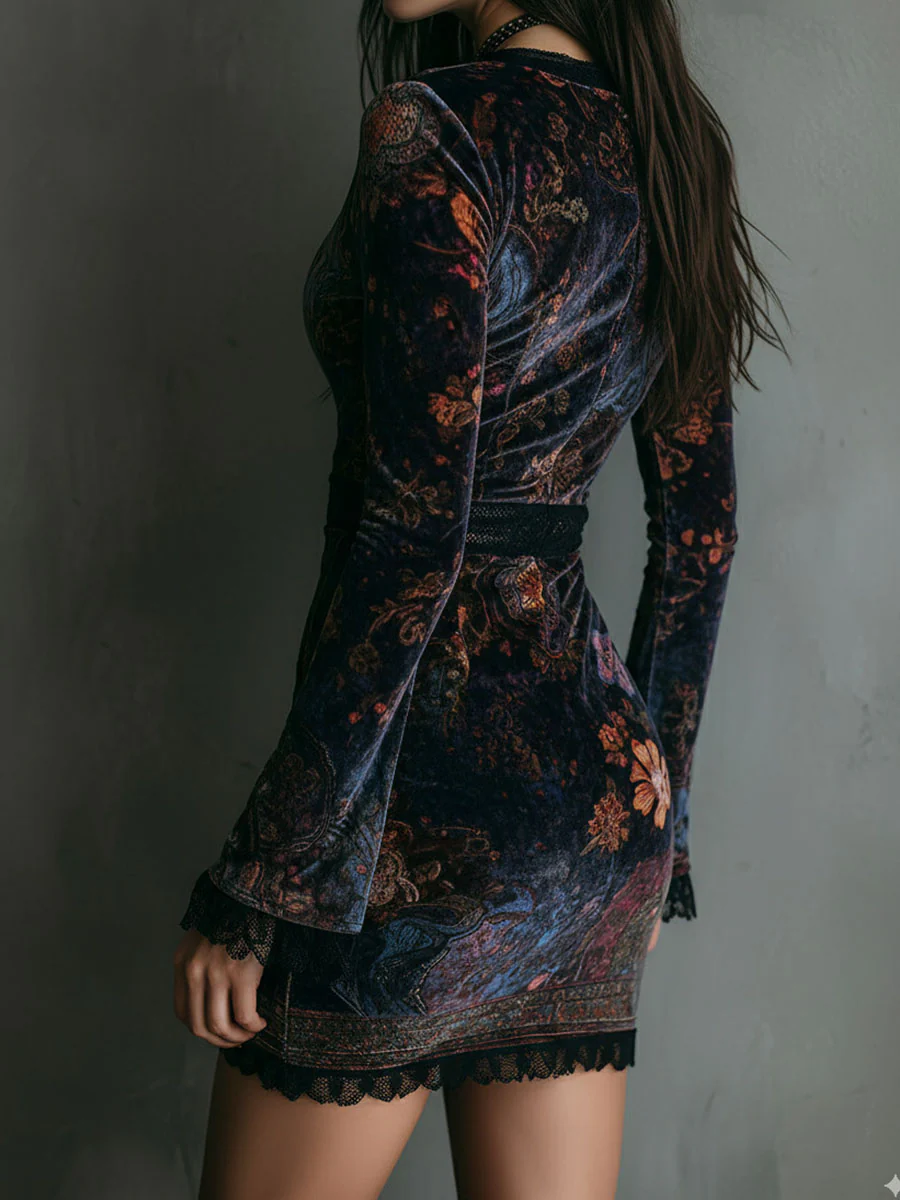 Grazia™ - Vestido Mini de Terciopelo con Estampado Floral y Encaje