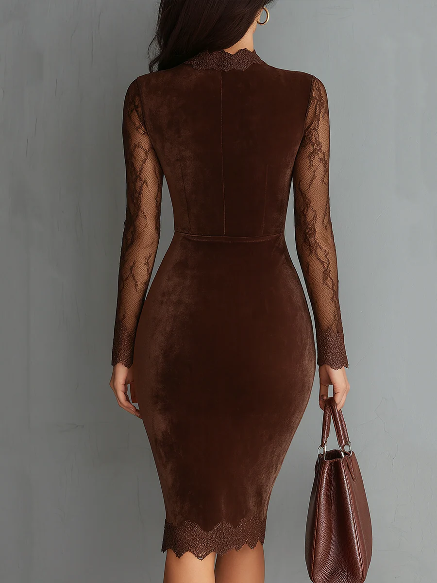 Gio™ | Vestido Mini de Terciopelo con Cuello Clavado Vintage y Mangas de Encaje Marrón