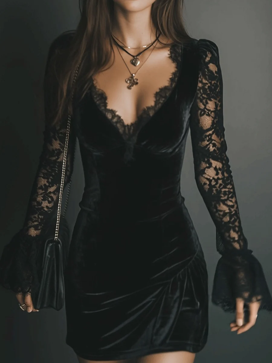 Vestido mini Luna de terciopelo y encaje