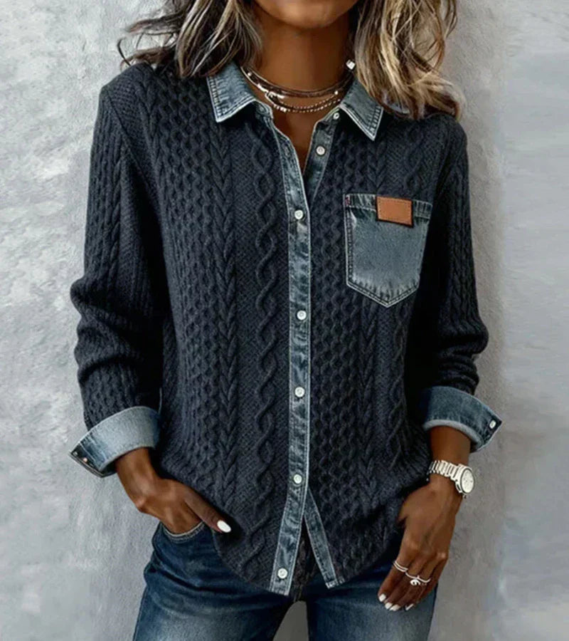 Aroa | Top de punto patchwork con detalles de denim