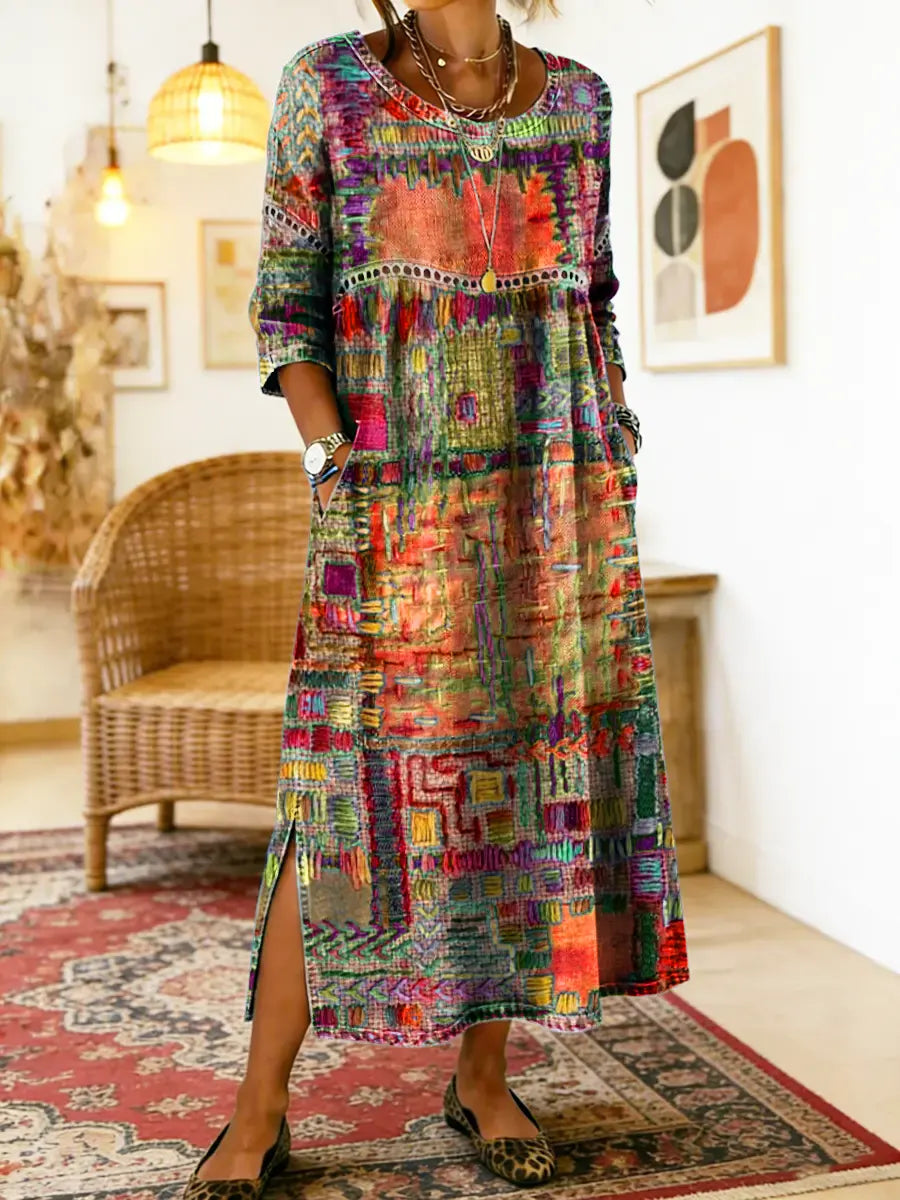 Manuela vestido Denim con patchwork étnico