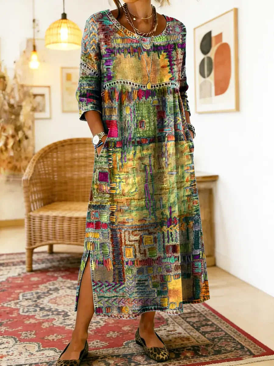 Manuela vestido Denim con patchwork étnico