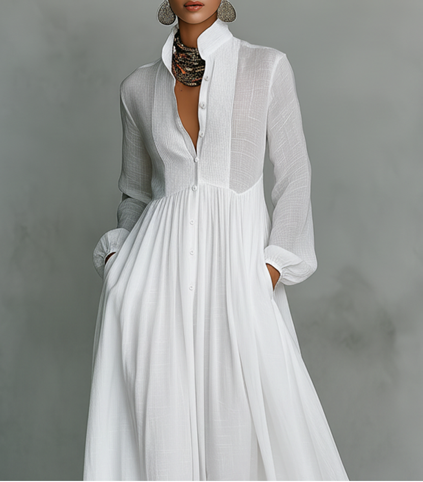 Antonia - Vestido maxi minimalista de algodón y lino con cuello alto y mangas largas