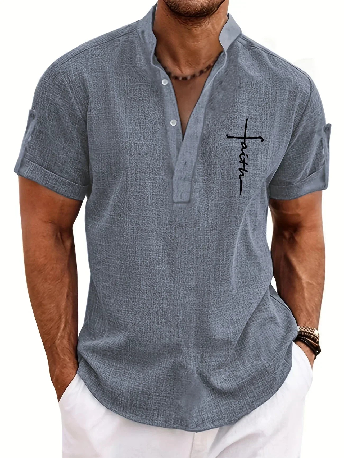 Francisco - Camisa Elegante de Manga Corta con Cuello Alto