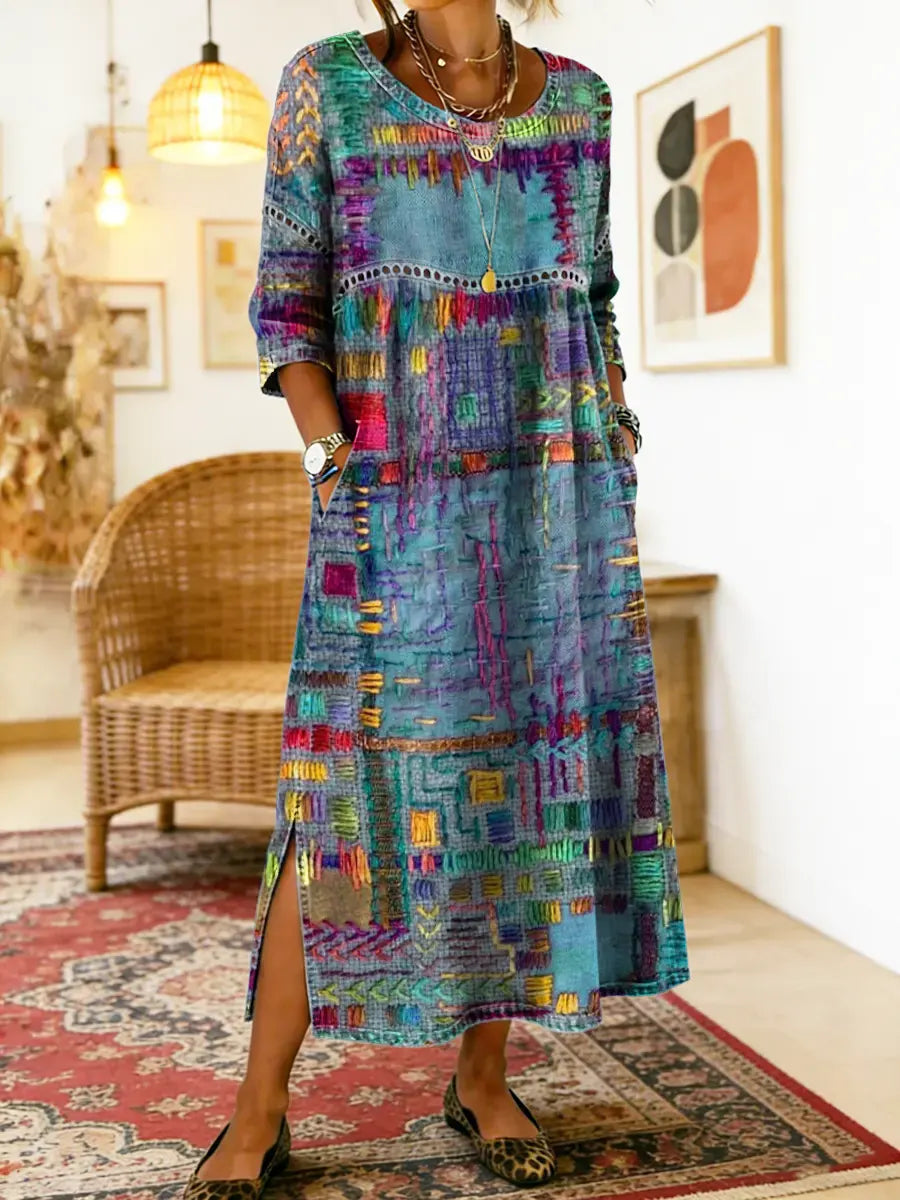 Manuela vestido Denim con patchwork étnico