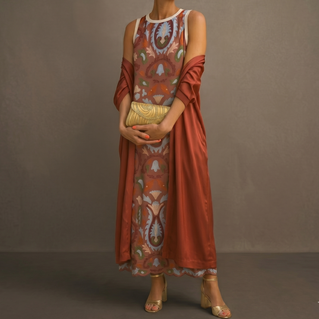 Aura Étnica | Vestido largo estampado con chaleco coordinado