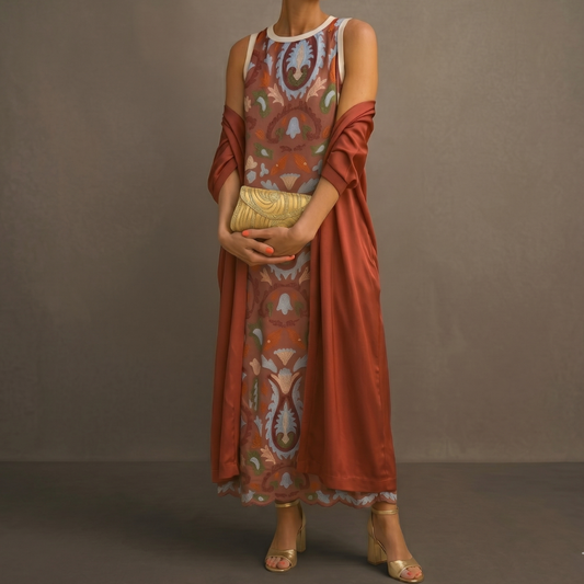 Aura Étnica | Vestido largo estampado con chaleco coordinado