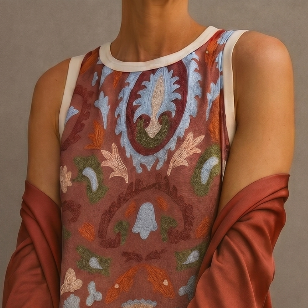 Aura Étnica | Vestido largo estampado con chaleco coordinado