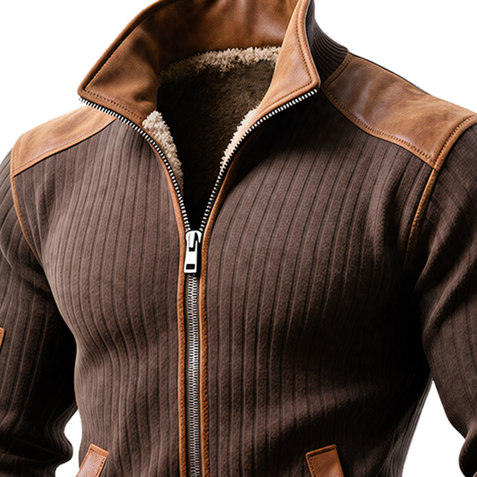 Chaqueta Marrón de Canalé con Cremallera y Acentos de Cuero