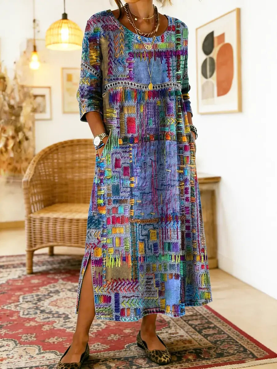 Manuela vestido Denim con patchwork étnico