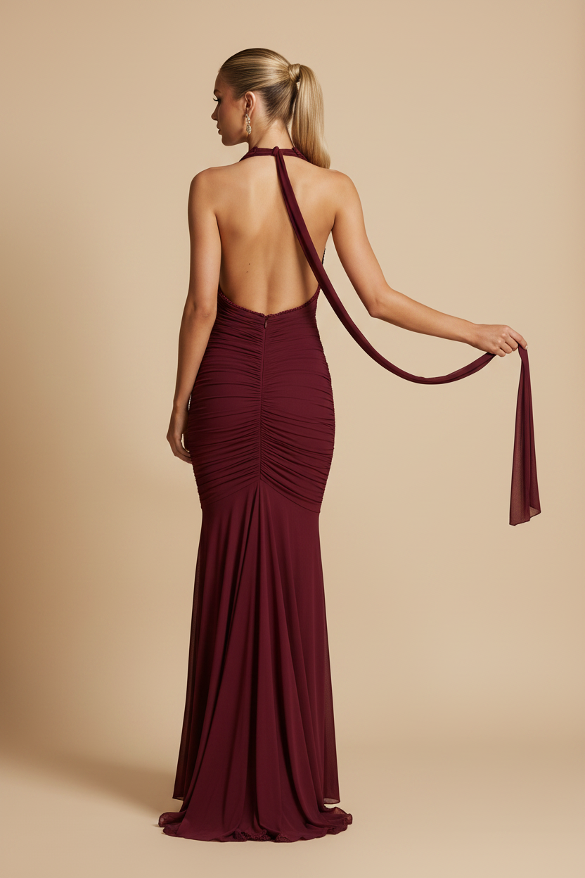 Serrano Madrid | Vestido Maxi Escote Profundo con Abertura Fluida Burdeos