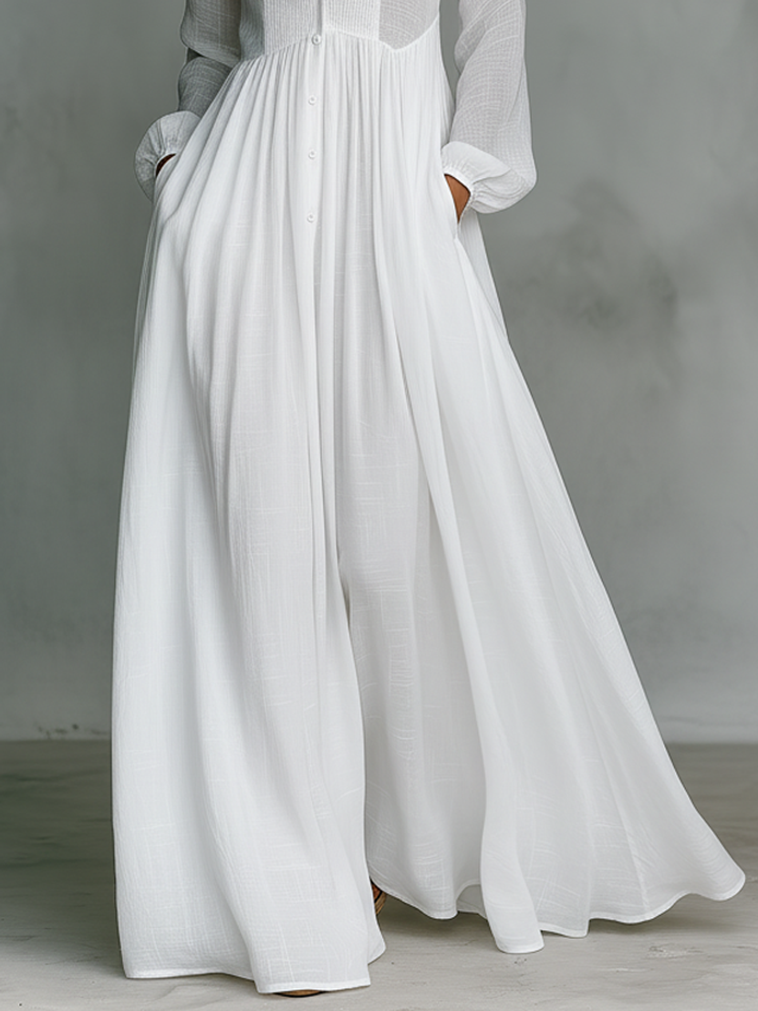 Antonia - Vestido maxi minimalista de algodón y lino con cuello alto y mangas largas
