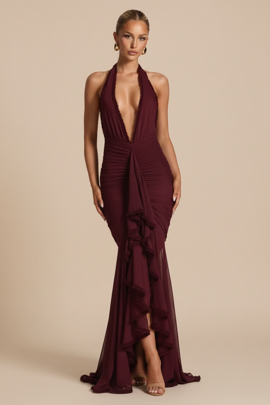 Serrano Madrid | Vestido Maxi Escote Profundo con Abertura Fluida Burdeos