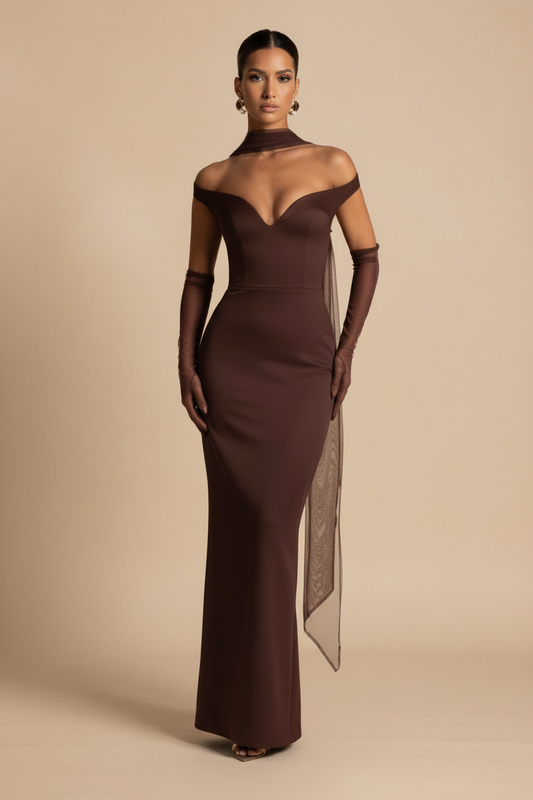 Serrano Madrid | Vestido Maxi Off Shoulder Efecto Silueta Chocolate