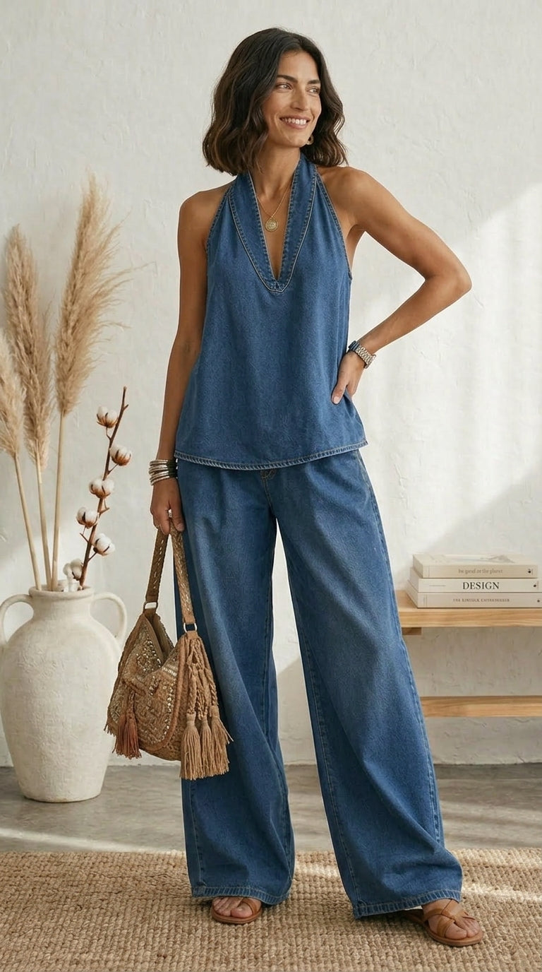 Serrano Madrid™ | Ariadna Conjunto Azul Verano Pernera Fluida