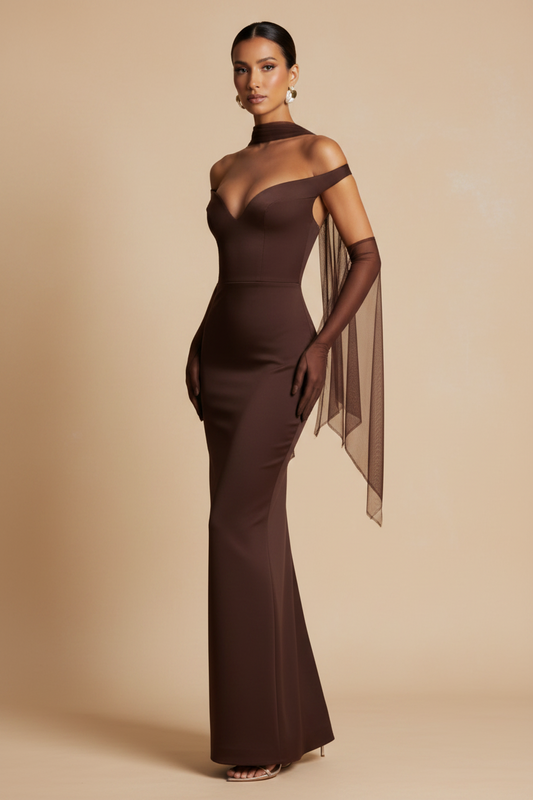 Serrano Madrid | Vestido Maxi Off Shoulder Efecto Silueta Chocolate