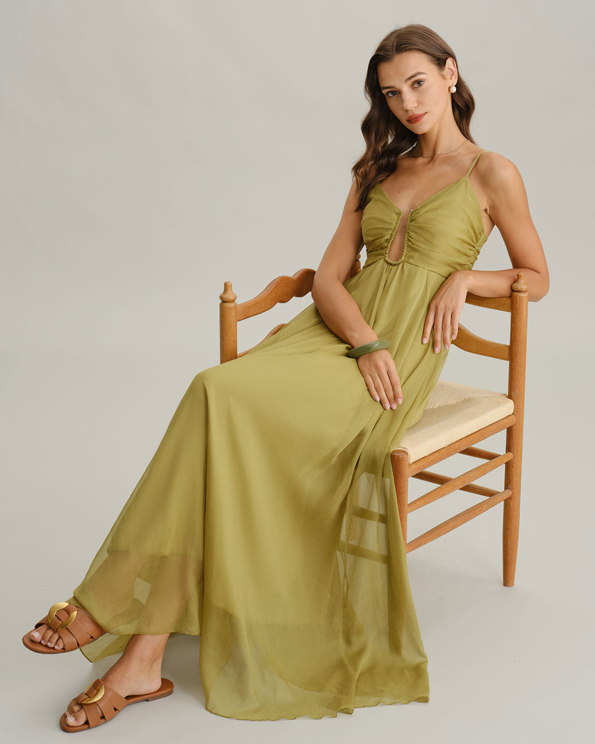 Aurora | Vestido largo verde con fruncidos