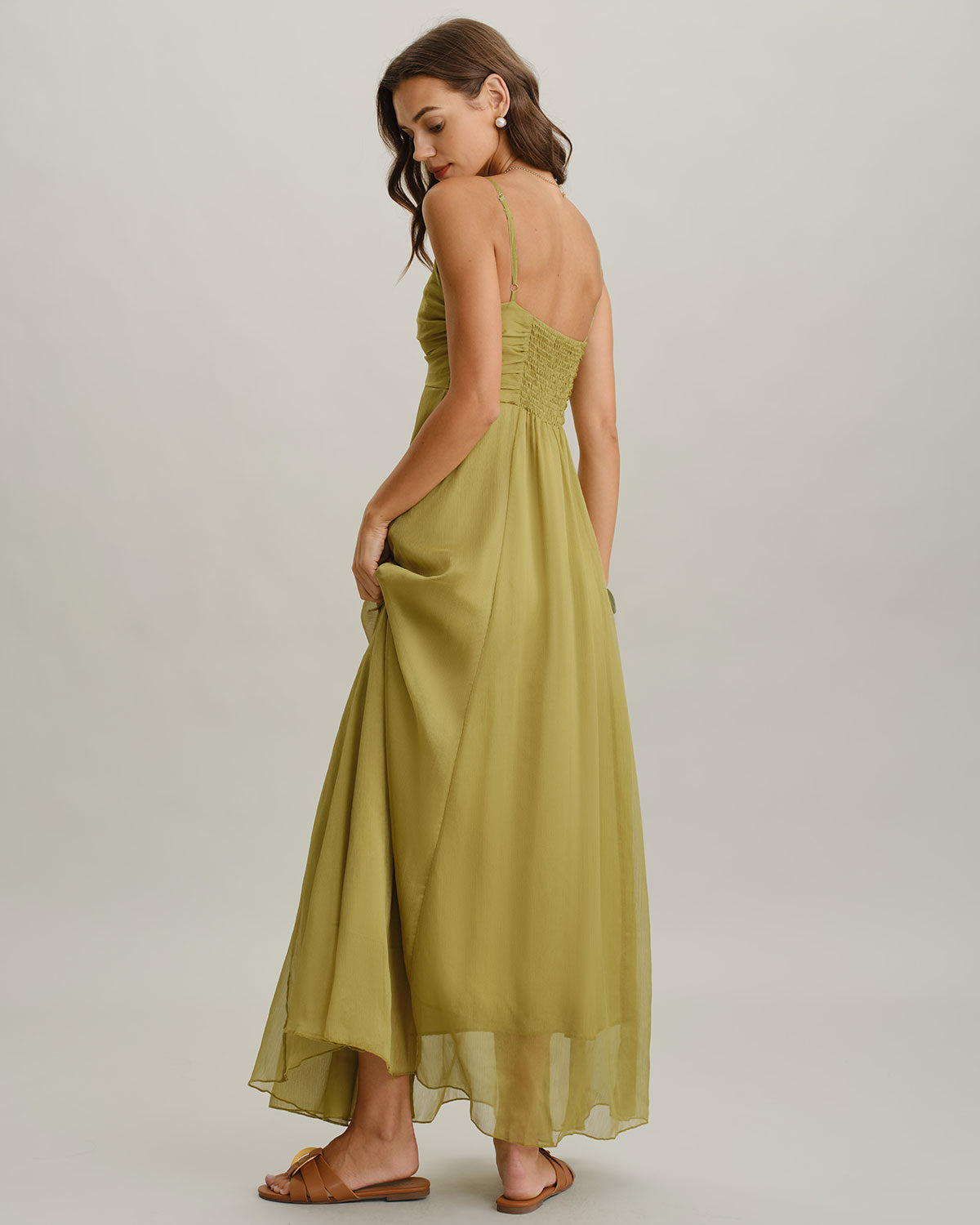 Aurora | Vestido largo verde con fruncidos