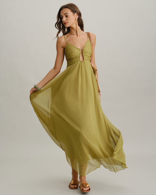 Aurora | Vestido largo verde con fruncidos