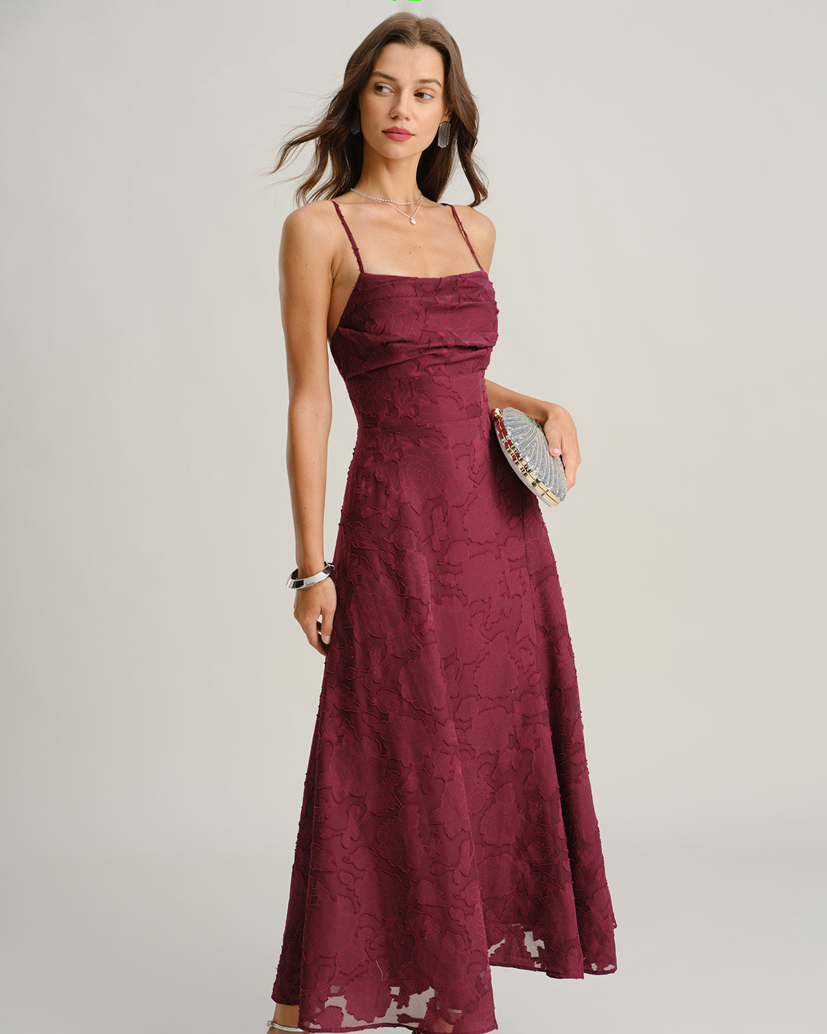 Isabella | Vestido largo liso de jacquard rojo vino