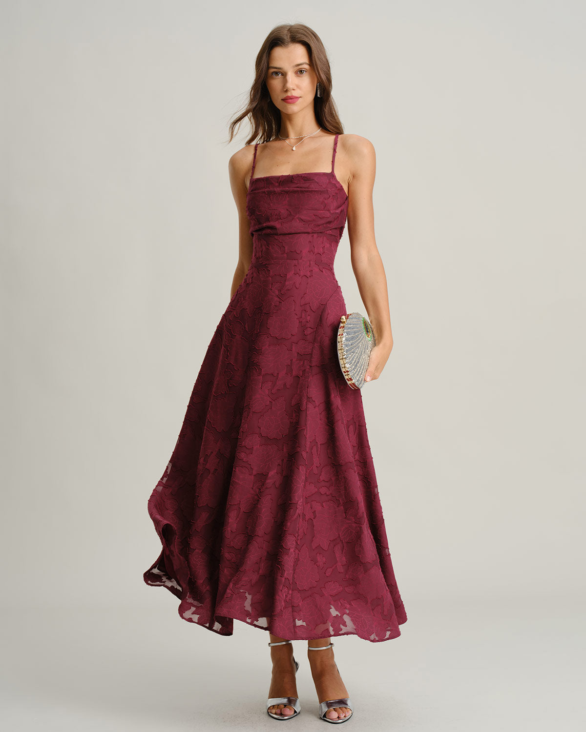 Isabella | Vestido largo liso de jacquard rojo vino