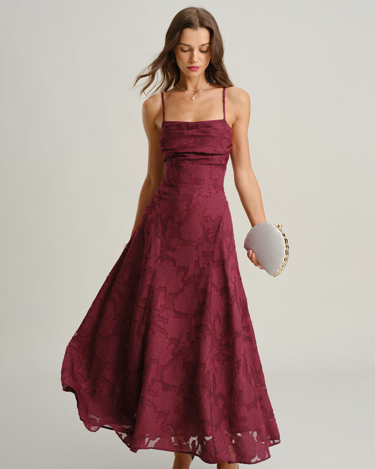 Isabella | Vestido largo liso de jacquard rojo vino