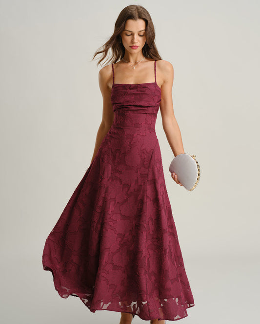 Isabella | Vestido largo liso de jacquard rojo vino