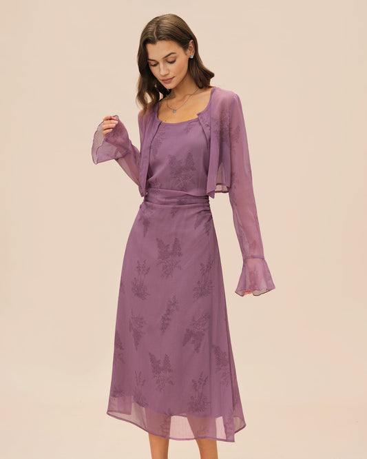 Sofía | Vestido midi liso con fruncidos y estampado floral morado