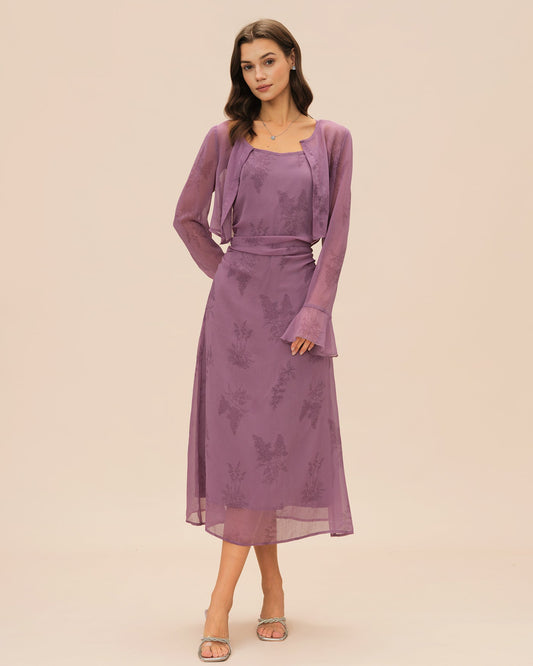 Sofía | Vestido midi liso con fruncidos y estampado floral morado