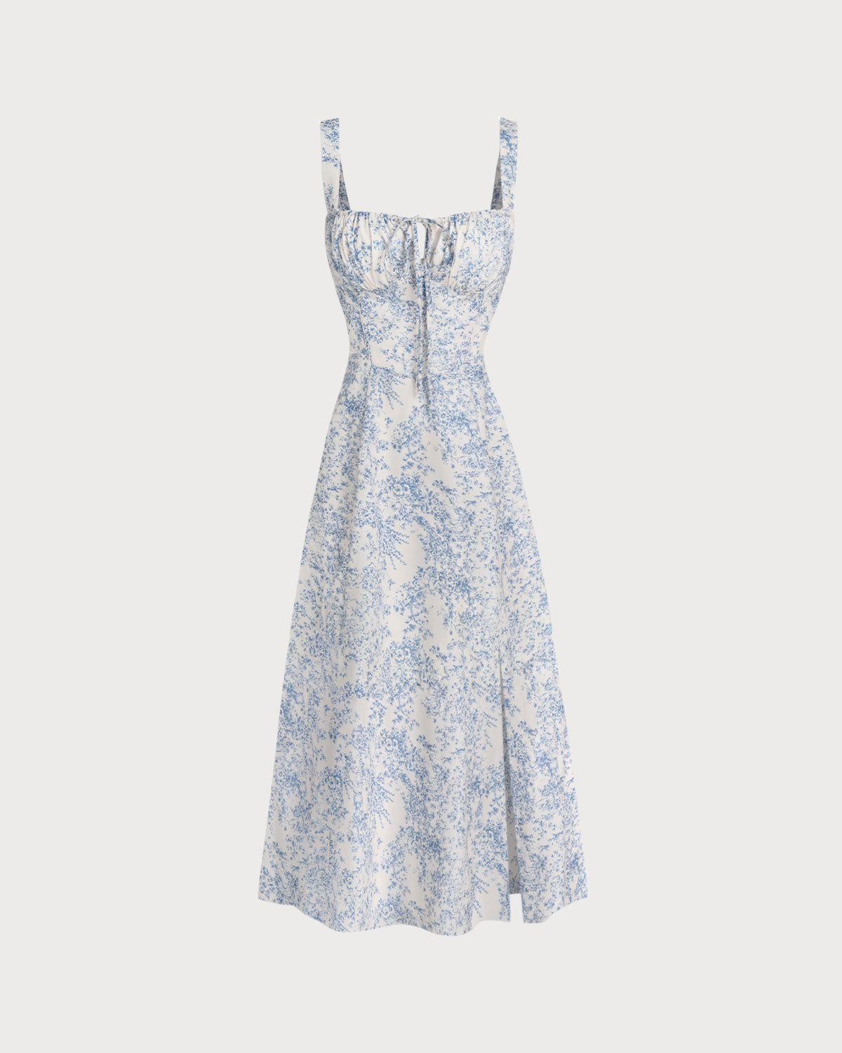 Luciana | Vestido midi azul con volantes y estampado floral